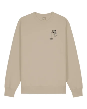 Sudadera beige minimalista con ilustración de mano y taza, ideal para amantes del café.