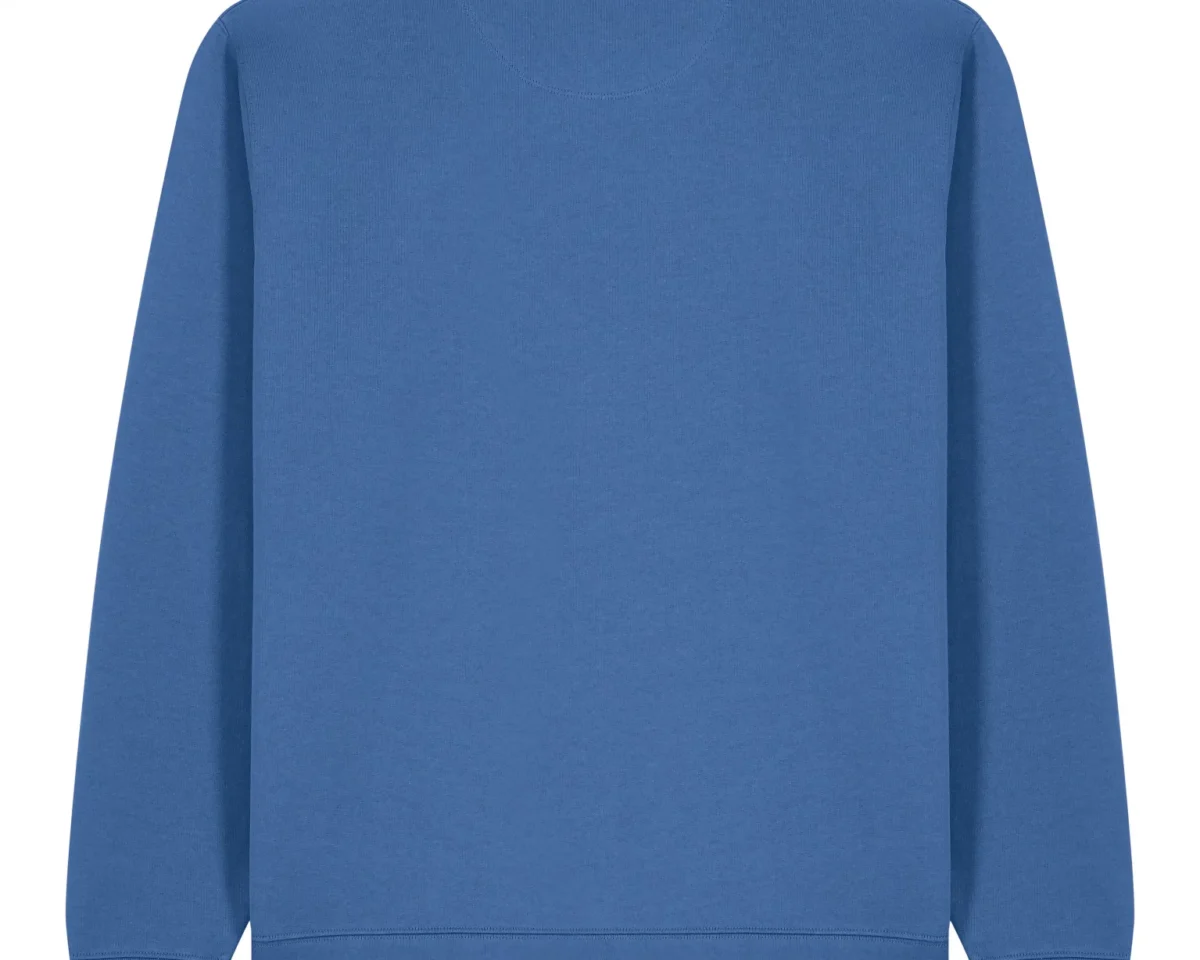 Sudadera azul de cuello redondo, elegante y versátil, vista desde atrás.