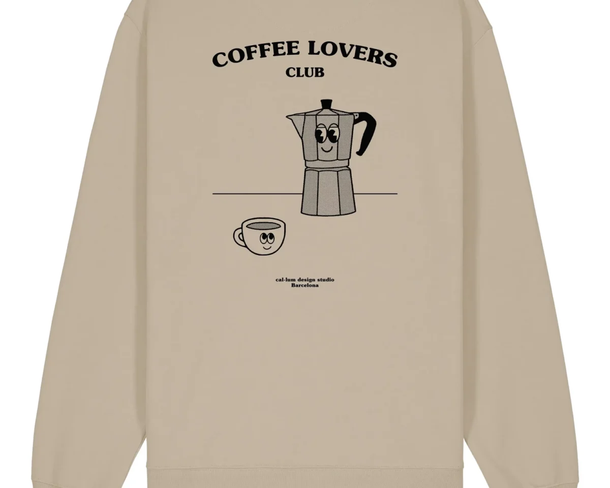 Sudadera beige con diseño Café Lovers Club y moka divertida en la espalda.