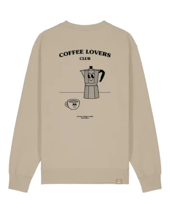 Sudadera beige con diseño Café Lovers Club y moka divertida en la espalda.