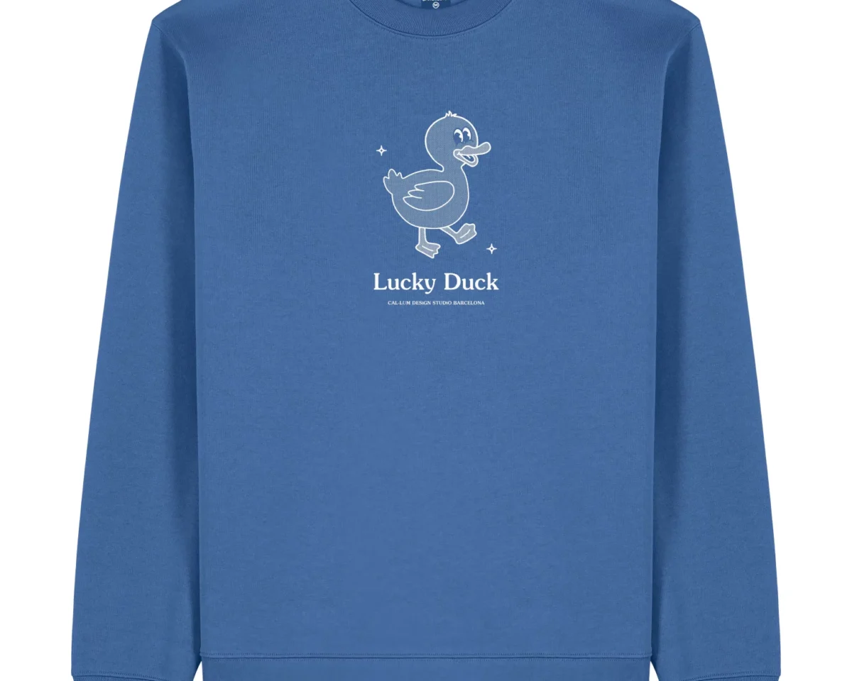 Sudadera azul Lucky Duck con gráfico de pato divertido y cómodo para cualquier ocasión.