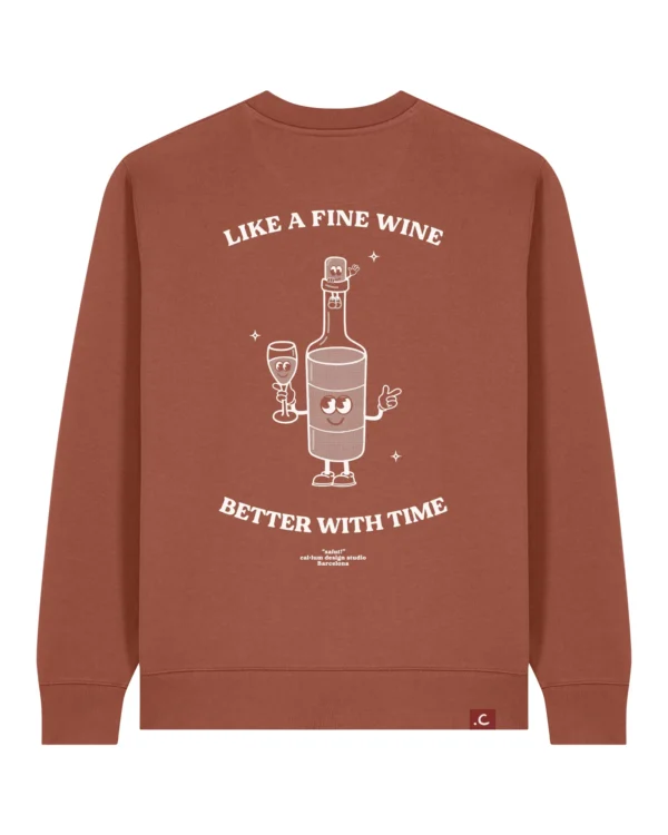 Sudadera terracota con diseño divertido de vino y frases optimistas en la espalda.