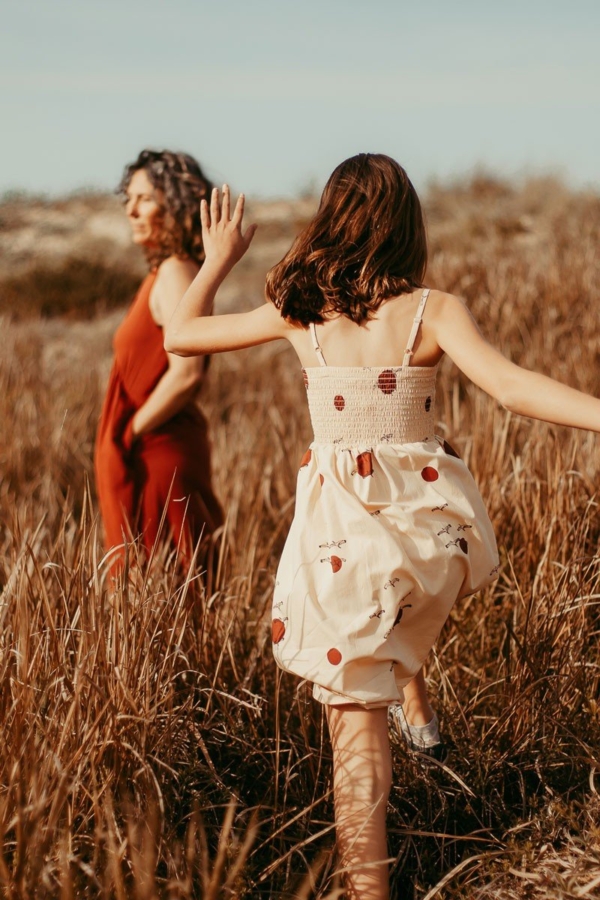 Smocked dress in beige