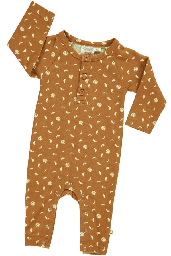 Baby long sleeve jumpsuit in mustard and moon phases print