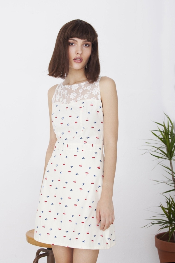 Ecru boat Henna dress with embroidery net