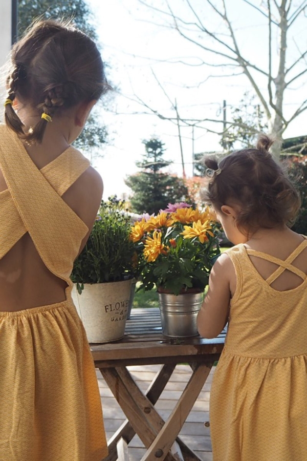 Organic cross back dress in in honey yellow and japanese print