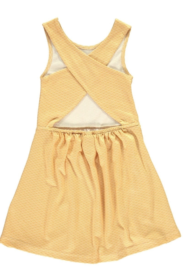 Organic cross back dress in in honey yellow and japanese print