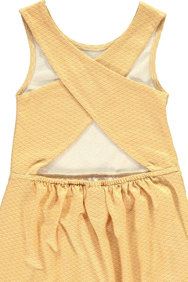 Organic cross back dress in in honey yellow and japanese print