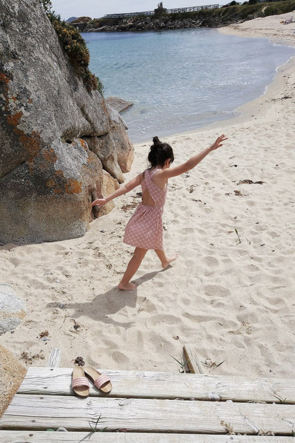 Organic cross back dress in salmon and japanese fan print
