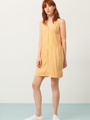 Vestido Paula escote V miel con stampado japones