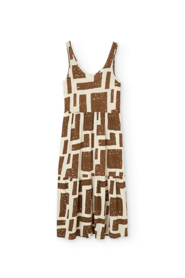 Vestido largo con volantes estampado marrón