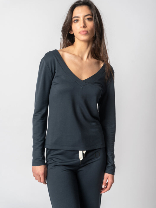 Sudadera de TENCEL™ Lyocell con Escote en V en Azul - Lenora