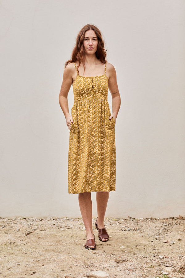 Vestido Ecológico Nido de Abeja Fabia Étnico Mostaza
