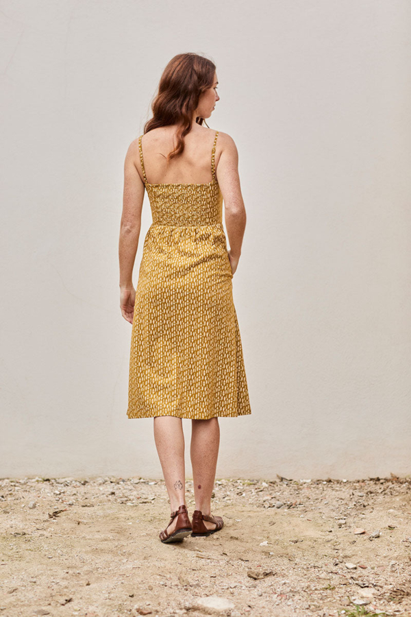 Vestido Ecológico Nido de Abeja Fabia Étnico Mostaza