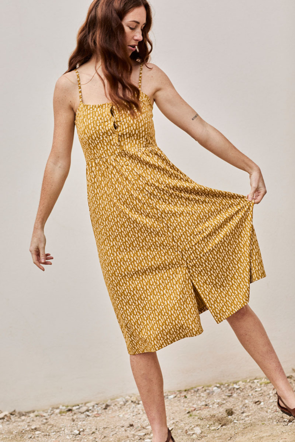 Vestido Ecológico Nido de Abeja Fabia Étnico Mostaza