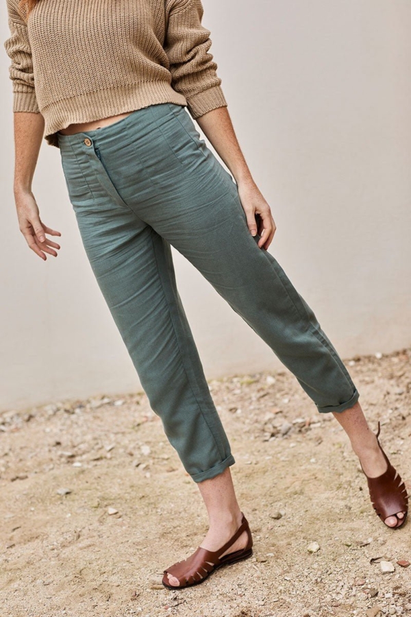 Pantalón sostenible Faren Azul Aguamarina de Lino y Algodón Orgánico