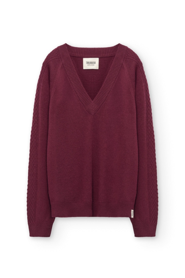 Jersey merino y cachemir escote en V granate