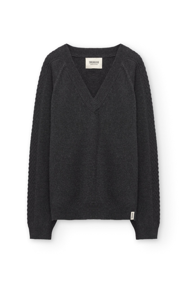 Jersey merino y cachemir escote en V gris carbón