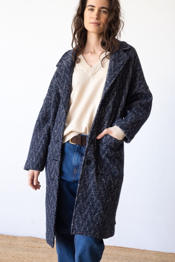 Abrigo oversized lana virgen y algodón orgánico azul arándano