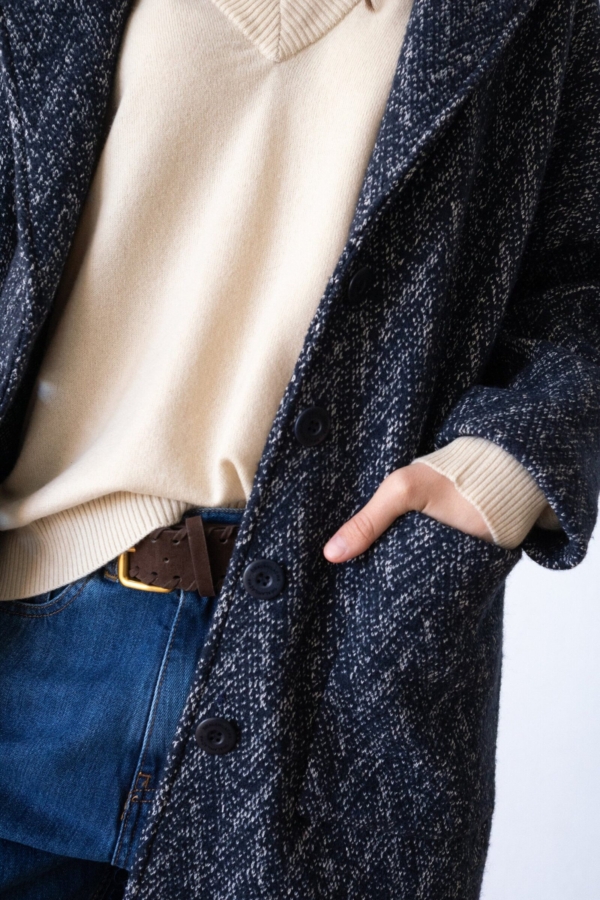 Abrigo oversized lana virgen y algodón orgánico azul arándano
