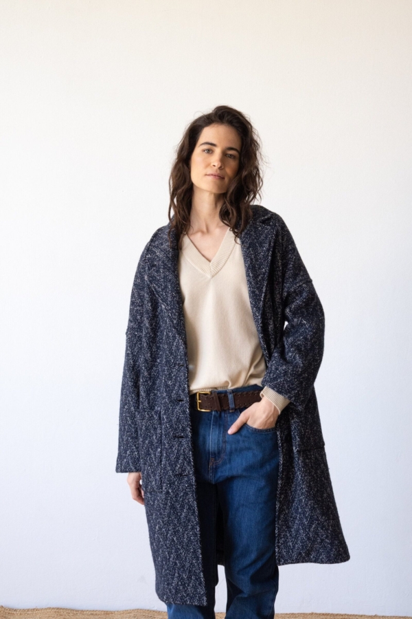 Abrigo oversized lana virgen y algodón orgánico azul arándano