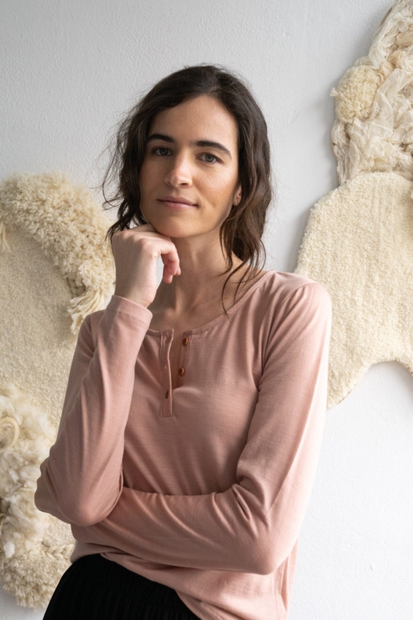 Top cuello panadero lana merino rosa empolvado