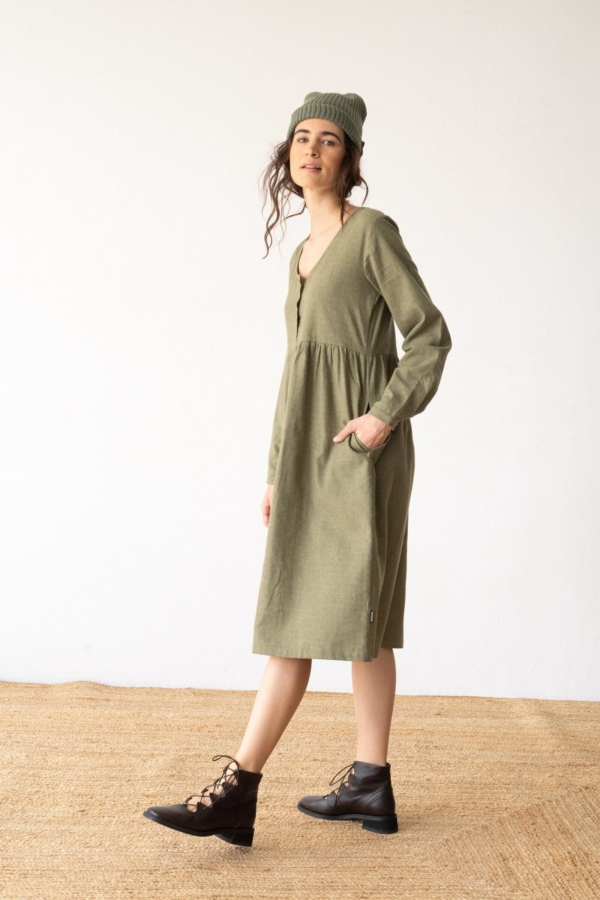 Vestido midi de algodón orgánico verde oliva