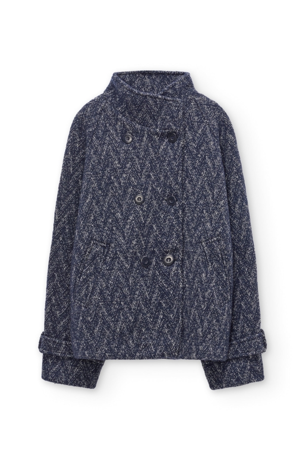Chaqueta corta cruzada de lana y algodón orgánico azul arándano